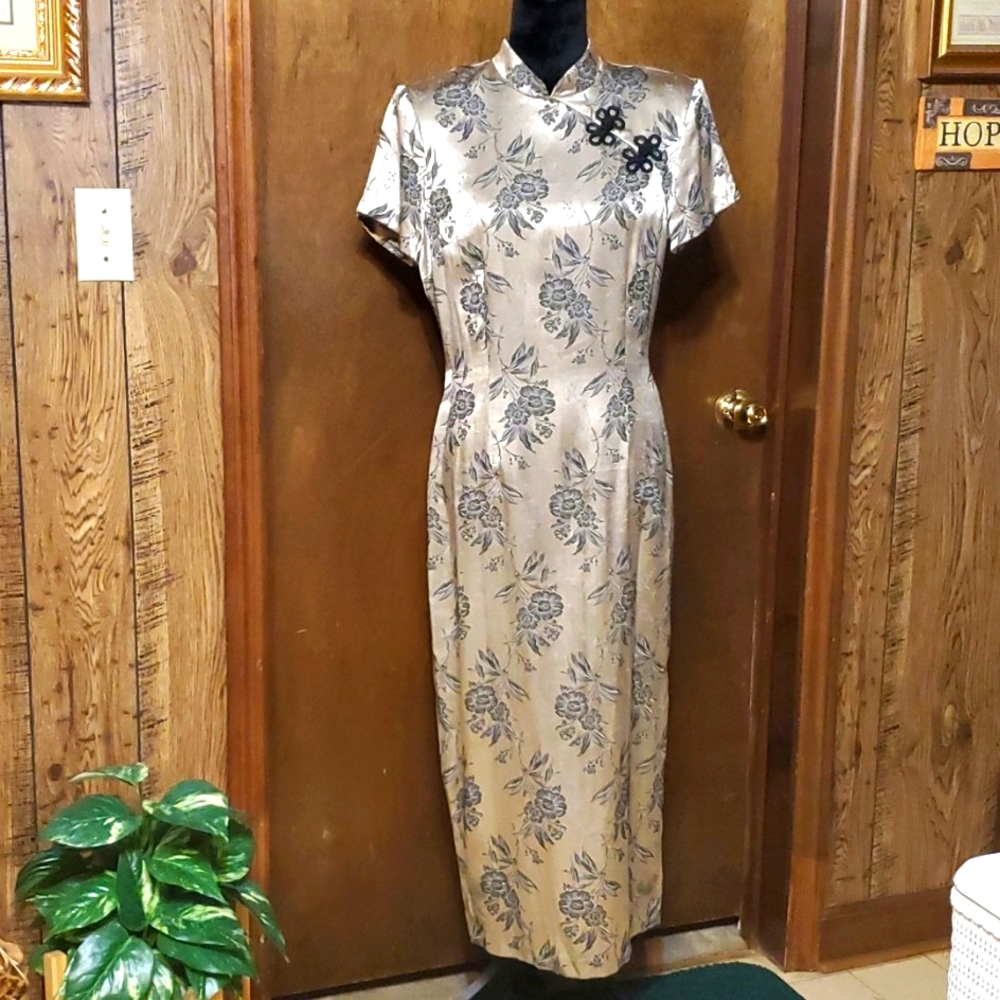Beautiful Molly Mallory dress sz 10 satin pale gold/black floral excelle vintage